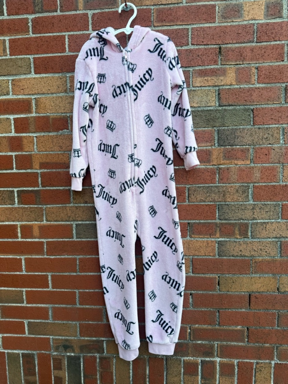 Juicy Couture Girls Pink Plush Hooded One Piece Pajamas Size 6/6X Y2K